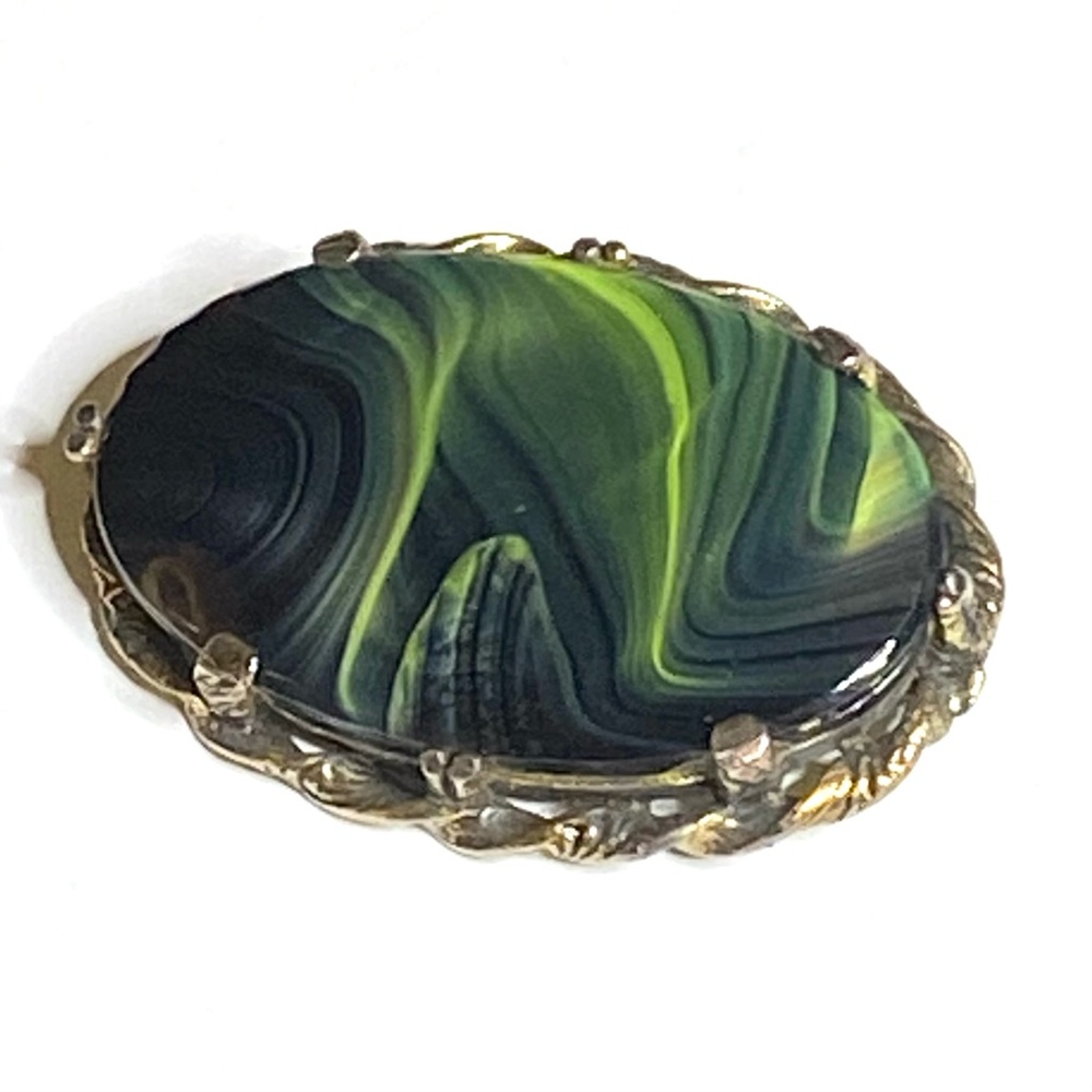 Kelly Waters Oval Brooch Pin and Pendant Green Marbled Stone with Gold Tone